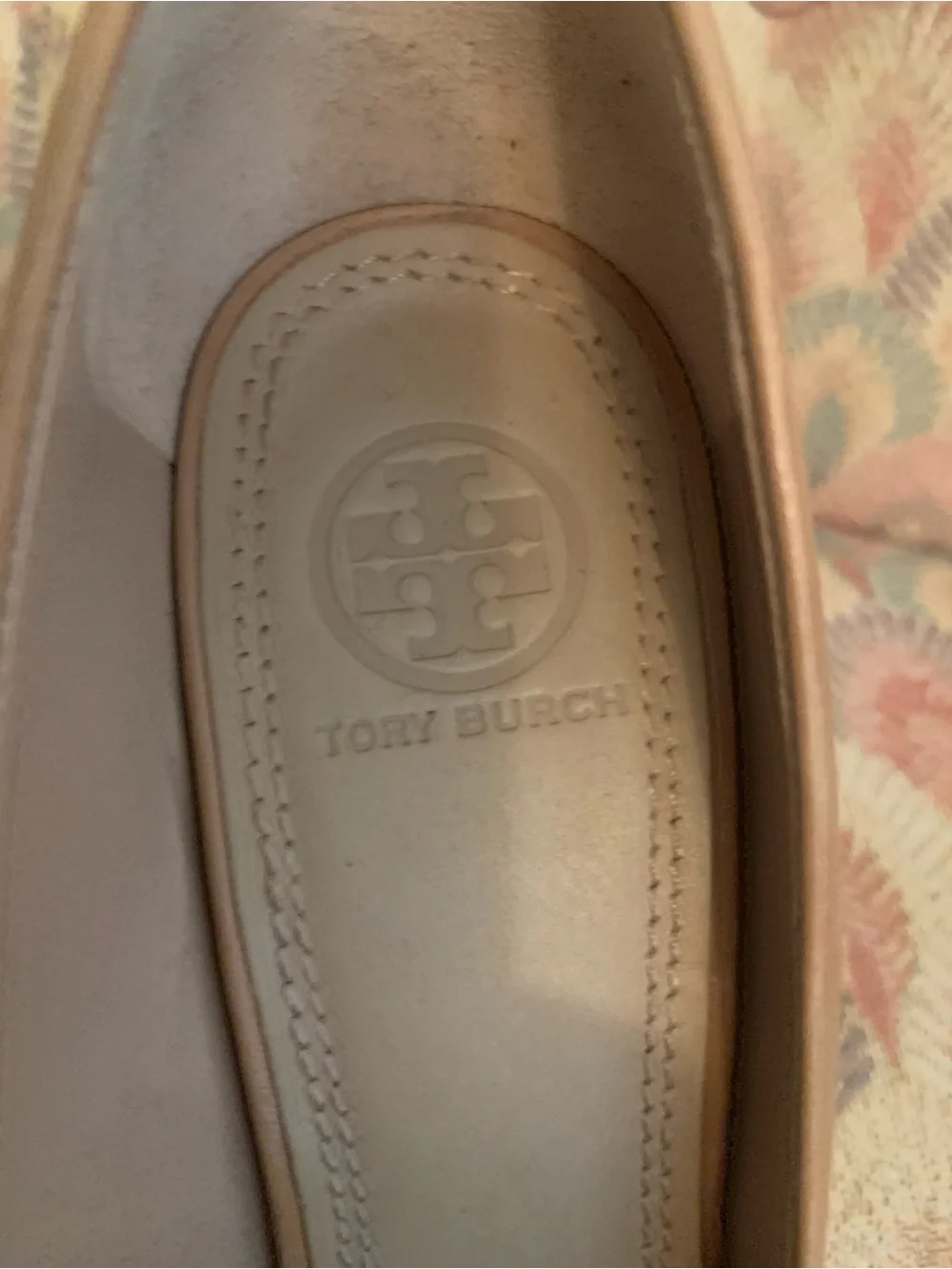 Tory Burch Lowell Natural Blush Leather Wedge Heels with Gold Logo Size 7.5